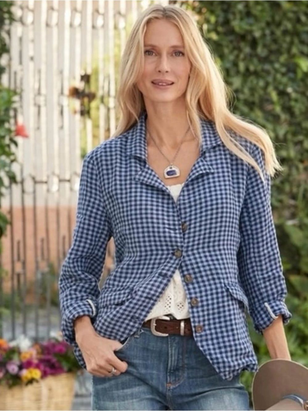 Sundance Ziri 100 % Linen Blazer Blue Gingham Size PXS